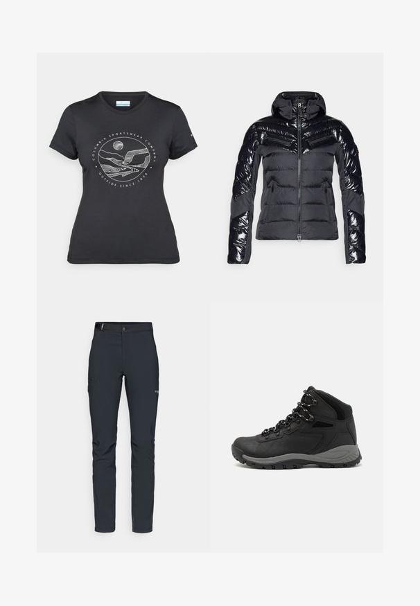 Casaco puffer preto com um acabamento brilhante, apresentando painéis horizontais, um colarinho alto e bolsos com fecho para funcionalidade.; T-shirt preto da Columbia com arte em linha branca circular representando montanhas e rios, e o texto "Columbia Sportswear Company Outside Since 1938."; Calças de exterior para homens, cinza escuro, feitas de material flexível, com cinto, bolsos com fecho éclair e costuras reforçadas.; Bota de caminhada preta com design de cano médio, apresentando um upper texturizado, detalhes cinzentos e sola de borracha durável com cravos de tração.