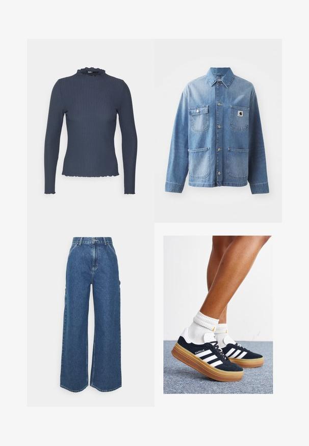 Light blue denim jacket with a collar, button front, and four pockets. Features a patch logo on the left chest and metallic buttons.; Navy long-sleeve top in ribbed texture. Features a high neckline with a scalloped edge and a slim fit design.; Wide-leg blue denim trousers with a high waist, contrasting stitching, and side pockets, featuring a classic five-pocket design and raw hems.; Black suede sneakers with white stripes and accents, rounded toe, gum rubber outsole, paired with white ribbed crew socks.