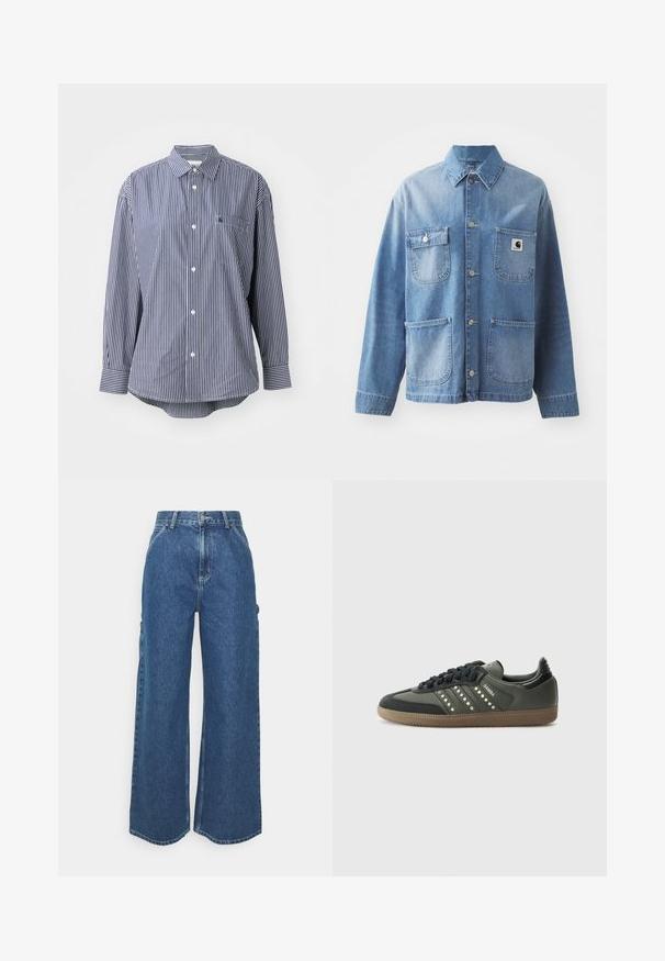 Hellblaues Denim-Jackett mit Kragen, Knopfverschluss und vier Taschen. Verfügt über ein Patch-Logo auf der linken Brust und metallische Knöpfe.; Langärmliges Hemd in Marineblau und Weiß mit klassischen Kragen, Brusttasche und Knopfverschluss. Weicher Stoff mit glatter Textur.; Weite blaue Denim-Hosen mit hoher Taille, kontrastierenden Nähten und Seitentaschen, ausgestattet mit einem klassischen Five-Pocket-Design und rohen Säumen.; adidas Originals SAMBA OG - Sneaker low - core black/legend earth/gum