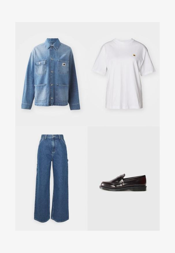 Gaiši zils džinsi jaka ar apkakli, pogu priekšpusi un četriem kabatām. Iekļauj uzšuvi ar logotipu kreisajā krūtī un metāla pogas.; Balta kokvilnas T-kreklā ar brīvu piegriezumu, īsām piedurknēm un mazu izšūtu logotipu kreisajā krūtīs.; Platleņķa zili džinsi ar augstu jostasvietu, kontrastējošām šuvēm un sānu kabatām, ar klasisku piecu kabatu dizainu un neapstrādātiem malām.; Bordo krāsas ādas mokasīni ar gludu virsmu, paceltu šuvju detalizāciju un gumijas zoli. Izstrādāti ar noapaļotu purngali un minimālām detaļām.