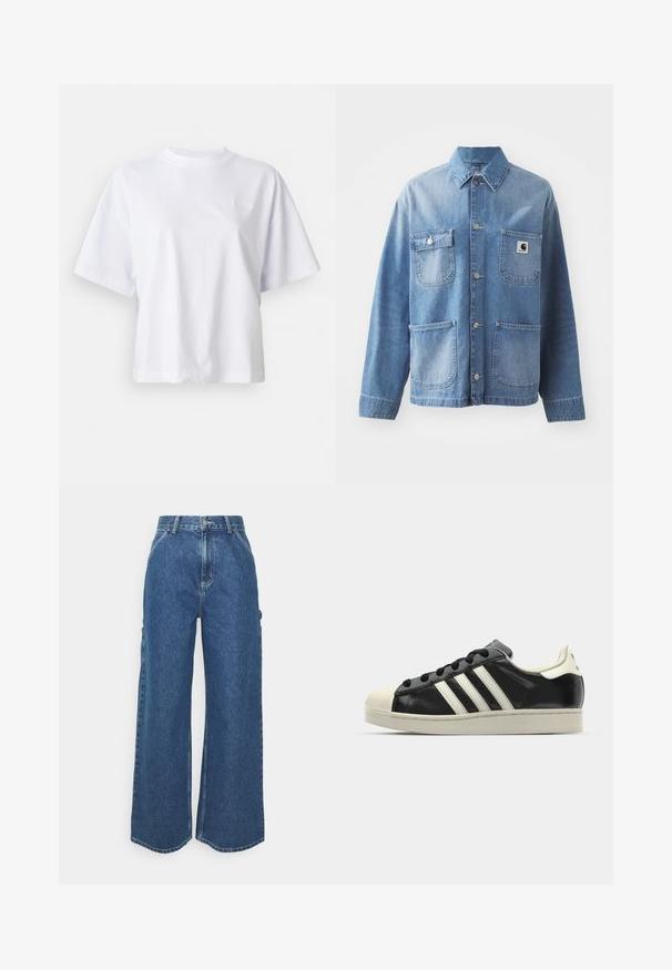 Svetlomodrá džínová bunda s golierom, predným zapínaním na gombíky a štyrmi vreckami. Obsahuje nášivku s logom na ľavej hrudi a kovové gombíky.; Biela bavlnená tričko s voľným strihom, krátkymi rukávmi a rebrovaným okrúhlym výstrihom. Obsahuje diskrétne logo na hrudi.; Dlhé modré džínsy so širokými nohavicami a vysokým pásom, s kontrastným prešívaním a bočnými vreckami, s klasickým dizajnom piatich vreciek a surovými lemami.; Čierne kožené tenisky s bielymi pruhmi, gumenou špičkou, čiernymi šnúrkami a krémovobielou podrážkou. Hladký povrch s lesklým finišom.