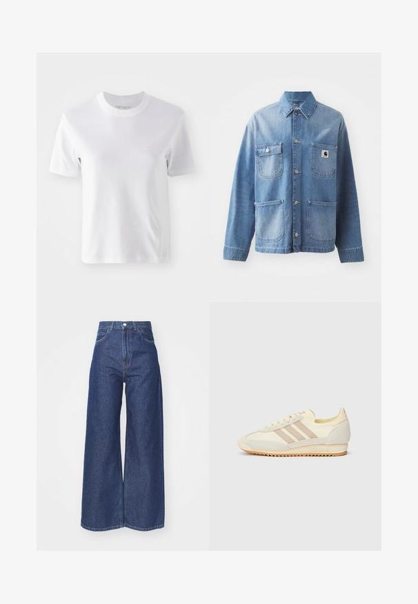 Svetlo modra denim jakna s ovratnikom, gumbom na sprednji strani in štirimi žepi. Ima znak z nalepko na levem prsnem delu in kovinske gumbe.; Bela bombažna majica s kratkimi rokavi, ki ima krožni ovratnik in majhen vezen logotip na prsih, gladko teksturo in preprost dizajn.; Široke kavbojke iz temno modrega denima. Visok pas z zadrgo in gumbom. Klasičen pet-žepni stil in obrobljeni robovi.; Kremna atletska teniska obutev z tremi bež črtami, usnjatom in tekstilnim materialom, teksturiranim podplatom ter embosiranim logotipom na peti.