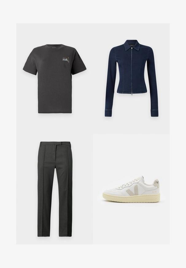 Donkerblauwe spijkerjack met een fitted ontwerp, lange mouwen en een ritssluiting aan de voorkant. Bevat een puntkraag en licht uitlopende manchetten.; Grijze katoenen t-shirt met korte mouwen. Heeft een klein multicolored geborduurd ontwerp op de borst met de tekst "Billing." Klassieke pasvorm.; Donkergrijze op maat gemaakte broeken met een voorvouw, riemlussen en een verborgen sluiting aan de voorkant, tentoongesteld tegen een witte achtergrond.; Witte leren sneaker met beige suède accenten, geperforeerde neus, platte veters en een gestructureerde crèmekleurige zool. Heeft subtiele branding op de hak.