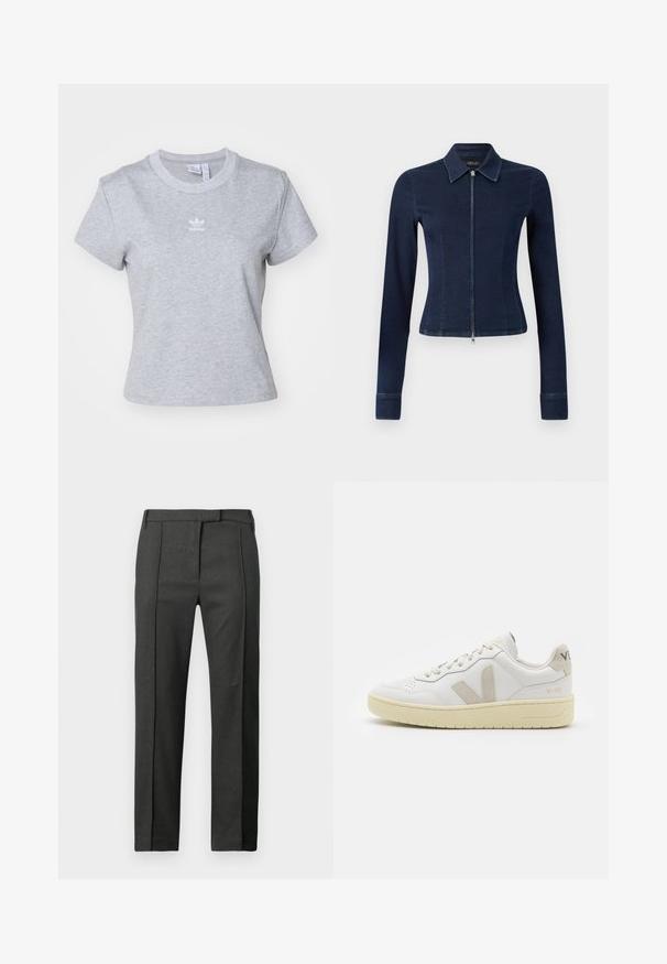 Dark blue denim jacket with a fitted design, long sleeves, and a front zipper closure. Features a point collar and slightly flared cuffs.; adidas Originals ESS SLIM - Basic T-shirt - medium grey heather; Dark gray tailored trousers with crease front, belt loops, and a concealed front fastening, displayed against a white background.; White leather sneaker with beige suede accents, perforated toe box, flat laces, and a textured cream sole. Features subtle branding on heel.