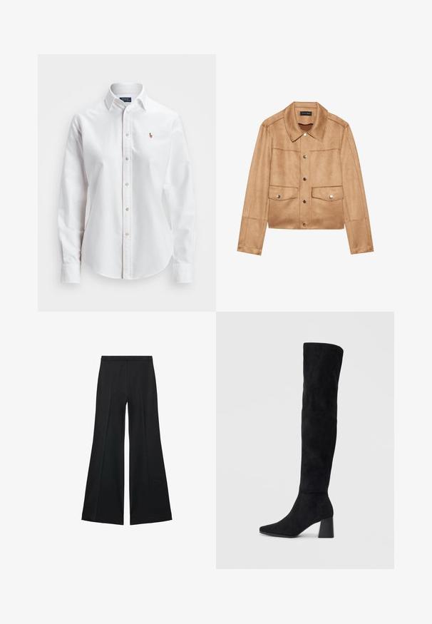 Svetlosmeđi skraćeni kaput od mekog materijala, s uspravnim ovratnikom, srebrnim dugmadi, dva prednja džepa i bezšavnom izradom.; Bijela košulja dugih rukava s dugim gumbima, izrađena od pamuka, s klasičnim ovratnikom i malim izvezenim logotipom na prsima.; Crne široke hlače s glatkom teksturom, koje imaju prednje nabore i kroj po mjeri. Tkanina je lagana i lepršava.; Crne antilop čizme do koljena s blok potpeticom, šiljastim prstom i glatkim, bešavnim dizajnom na običnoj svijetloj pozadini.