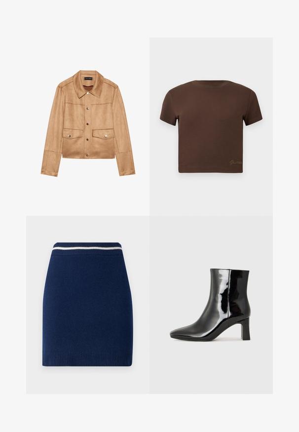 Giacca corta color sabbia realizzata in materiale morbido, con colletto a punta, bottoni argentati, due tasche frontali e costruzione senza cuciture.; Maglietta cropped marrone in morbido cotone, con maniche corte e scollatura rotonda. Include il logo "Guess" in oro in modo discreto nella parte inferiore.; Gonna a maglia blu navy con design aderente, caratterizzata da una vita a costine con una striscia bianca a contrasto. Texture liscia, lunghezza sopra il ginocchio.; Stivaletto in pelle verniciata nera con punta a punta e tacco a blocco di altezza media. Texture liscia e design minimalista.
