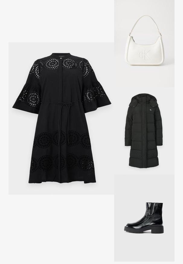 Must-kate, mille rindadega, millel on tikand, ees lukuklapp ja logo vasakul rinnal. Sile, isoleeritud kangas.; MustMustmust Mustmustmulle kõrvadel Mustmustmust täiendatud kaelustel ja paelaga. Omab ringikujulisi lõikeid ja nööpidega esist. Valmistatud kergest kangast.; Mustad mustad tossud läikiva patendi nahaga viimistlusega, jäme musta kummist tald ja kõrgendatud konts; sisaldab külgedel peent logodegust.; Valge nahast käekott, millel on kumer kuju, esiküljel on reljeefne "CK" logo ja üks õlavarre rihm. Ülemine tõmblukkuu.