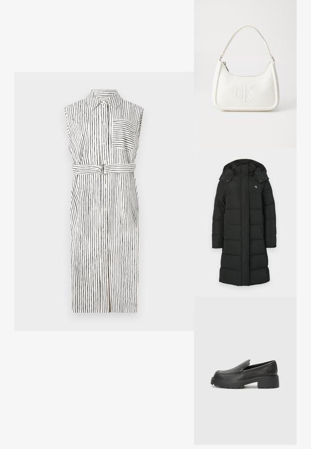 Czarna kurtka puchowa z kapturem, z pikowanym wzorem, zamek błyskawiczny z przodu i logo na lewej piersi. Gładki, izolowany materiał.; Sukienka bez rękawów z pionowymi czarnymi paskami na białym tle, z guzikami z przodu, kieszenią na piersi i paskiem w talii.; Czarne skórzane mokasyny z zaokrąglonym noskiem, grubą fakturowaną podeszwą oraz minimalnymi detalami szycia. Elegancki design bez widocznych sznurowadeł czy elementów metalowych.; Biała skórzana torebka o zaokrąglonym kształcie, z wytłoczonym logo "CK" z przodu i pojedynczym paskiem na ramię. Zapięcie na zamek z góry.