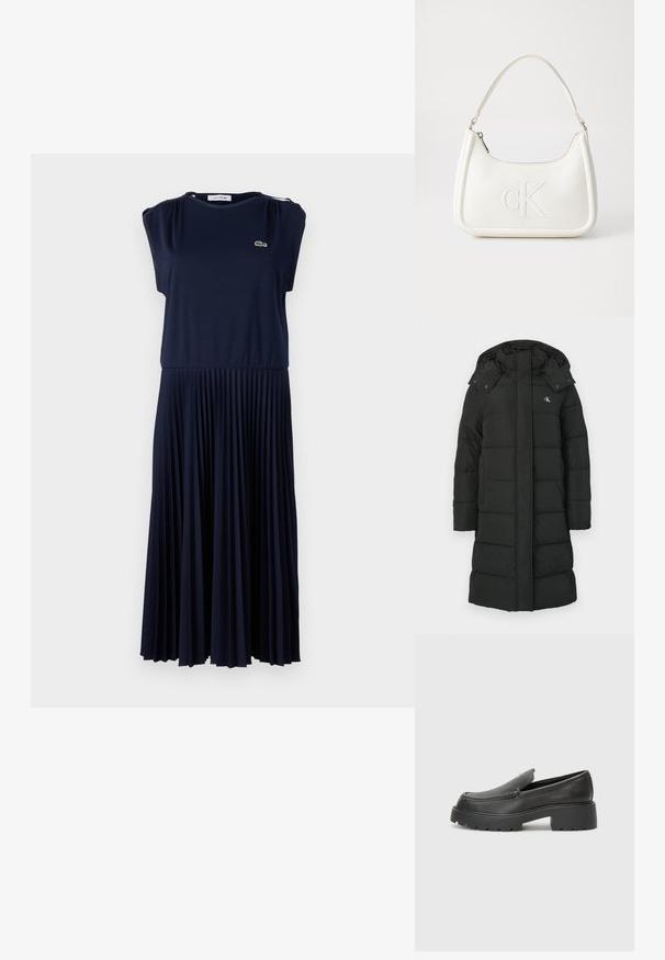 Svart dunjakke med hette, med kviltet design, frontglidelås og logo på venstre bryst. Glatt, isolert stoff.; Navy blå kjole laget av myk stoff, med plissert skjørt, korte ermer og en liten logo på brystet. Jevn tekstur gjennom hele.; Sorte skinnloafers med rund tå, tykk teksturert såle og minimale sømdetaljer. Strømlinjeformet design uten synlige snørebånd eller hardvarer.; Hvit lærveske med en buet fasong, med et preget "CK"-logo på forsiden og en enkel skulderstropp. Glidelåslukking på toppen.