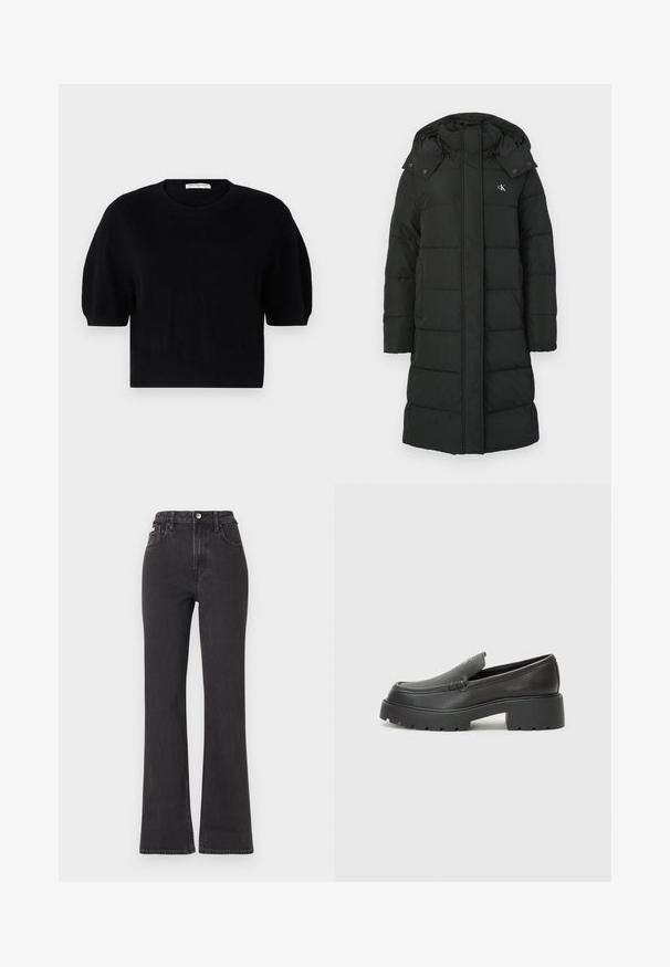 Fekete puffermellény kapucnival, steppelt kialakítással, elöl cipzárral és logóval a bal mellen. Simább, szigetelt anyag.; pure cashmere PUFF SHORTSLEEVE - Pulóver - black; Fekete, magas derekú, trapéz fazonú farmernadrág, gombos záródással, övrésszel és oldalsó zsebekkel. Sima textúrájú, minimális kopással.; Fekete bőr loafer cipők kerek orral, vastag, texturált talppal és minimális varrási részletekkel. Áramvonalas dizájn, látható fűzők vagy fém részek nélkül.