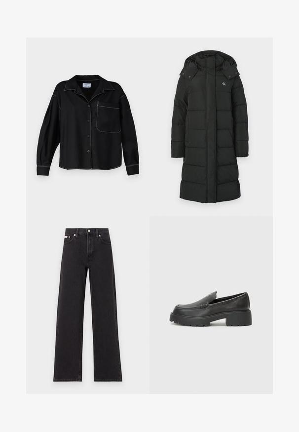 Must-kate, mille rindadega, millel on tikand, ees lukuklapp ja logo vasakul rinnal. Sile, isoleeritud kangas.; Mustra musta särk, millel on krae, pikad varrukad ja klapiga tasku. Valged kontrastõmblused õmblustel. Sile kangatekstuur.; Mustad laiad mustad teksad, millel on kõrge vöökoht, viie tasku stiil ja metallist nööpkinnitus kontrastsete õmblustega.; Mustad nahast loafers ümarate varvastega, paksu tekstuuriga tald ja minimaalsete õmbluse detailidega. Viimistletud disain, kus pole nähtavaid paelu ega riistu.