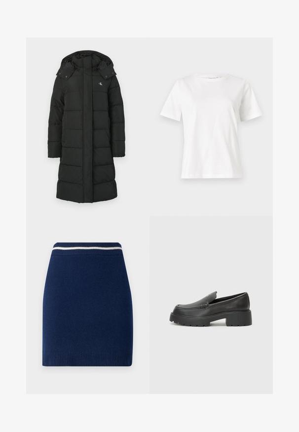 Must-kate, mille rindadega, millel on tikand, ees lukuklapp ja logo vasakul rinnal. Sile, isoleeritud kangas.; Valge puuvillane T-särk lühikeste varrukatega, ümmarguse kaelusega ja vabalt istuv. Sile tekstuur, ilma mustrite ja aktsentideta, minimalistik disain.; Tumes sinine kudumisel seelik, millel on vormitud disain ja ribaga vöökoht, millel on kontrastne valge triip. Sile tekstuur, üle põlve pikkus.; Mustad nahast loafers ümarate varvastega, paksu tekstuuriga tald ja minimaalsete õmbluse detailidega. Viimistletud disain, kus pole nähtavaid paelu ega riistu.