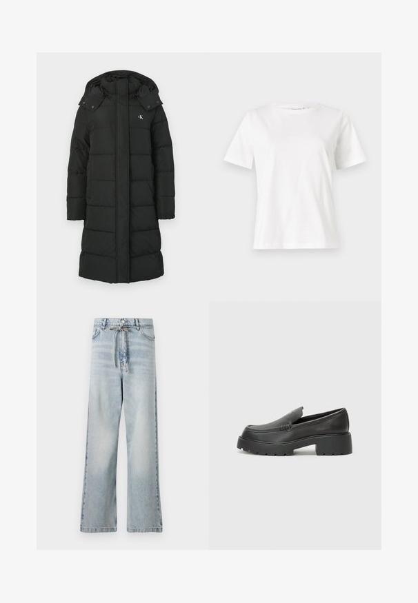 Musta puhvitakki hupulla, jossa on tikattu muotoilu, edessä vetoketjukiinnitys ja logo vasemmassa rinnassa. Sileä, eristetty kangas.; Valkoinen puuvillapaita lyhyillä hihoilla, pyöreällä kaula-aukolla ja rentolla istuvuudella. Sujuva rakenne, ei kuvioita tai yksityiskohtia, minimalistinen muotoilu.; Vaaleansiniset leveälahkeiset farkut, joissa on korkea vyötärö, etutaskut ja naru-yksityiskohta vyötäröllä. Rikkonainen pinta.; Musta nahkakengät, joissa on pyöristetty kärki, paksu teksturoitu pohja ja vähäiset ompeluyksityiskohdat. Tyylikäs muotoilu, jossa ei ole näkyviä nauhoja tai metalliosia.