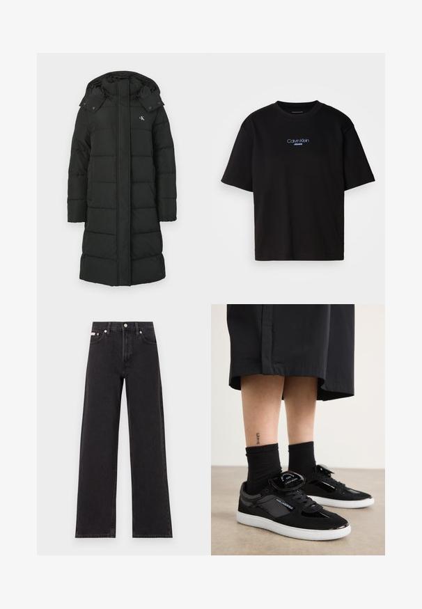 Crna jakna od pufera s kapuljačom, s prešanim dizajnom, prednjim zatvaračem i logotipom na lijevom prsnom dijelu. Glatka, izolirana tkanina.; Crna pamučna majica s okruglim izrezom, kratkim rukavima i plavim izvezenim logom "Calvin Klein JEANS" na prednjoj strani.; Crne široke traperice od denima, s visokim strukom, pet džepova i metalnim zatvaranjem s kontrastnim šavovima.; Crne tenisice od antilopa i lakirane kože, s bijelom potplatom, dizajnom na vezanje i brandiranom jezičcem.
