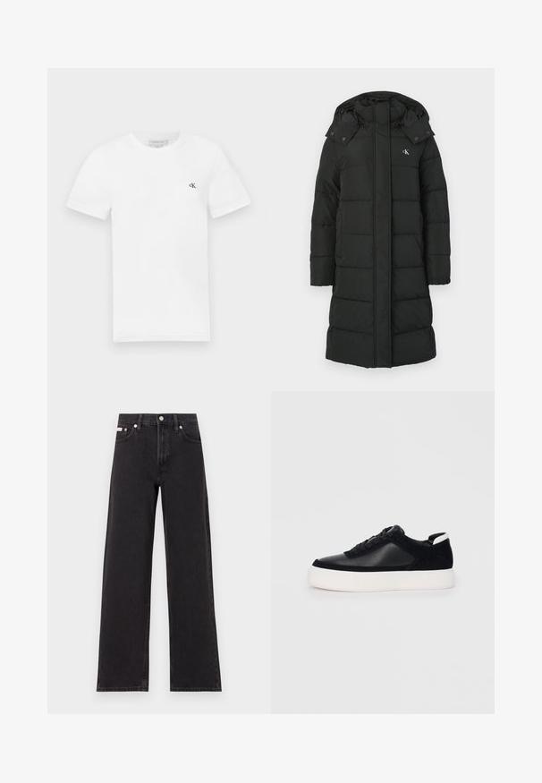 Schwarze Daunenjacke mit Kapuze, die ein gestepptes Design, einen Frontreißverschluss und ein Logo auf der linken Brust aufweist. Glattes, isoliertes Material.; Weißes Baumwoll-T-Shirt mit kurzen Ärmeln und rundem Halsausschnitt. Verfügt über ein kleines schwarzes "ck"-Logo auf der linken Brust. Glatte Textur.; Schwarze weit geschnittene Jeans aus Denim mit einem hoch sitzenden Bund, fünf Taschen und einem Metallknopfverschluss mit kontrastierendem Nähte.; Schwarze Sneakers mit glattem Leder und Wildleder-Einsätzen, flachen Schnürsenkeln, runder Zehenpartie und einer weißen Gummisohle. Deutliches Logo an der Ferse.