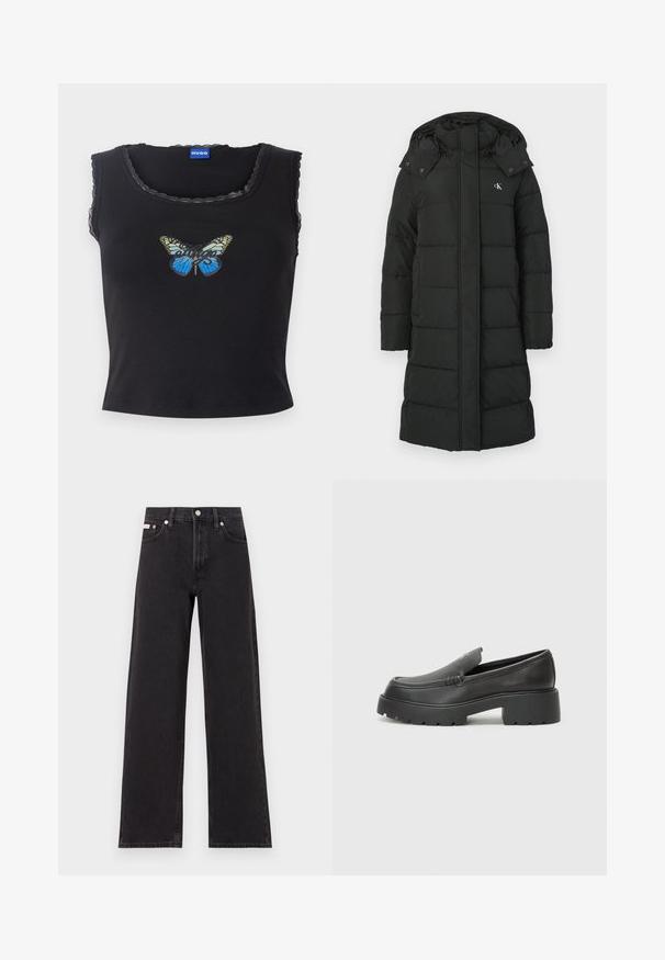 Geacă puffer neagră cu glugă, având un design matlasat, închidere frontală cu fermoar și logo pe partea stângă a pieptului. Material neted, izolat.; Top scurt negru cu margini ondulate, decorat cu un grafic colorat al unei fluturi și cuvântul "Hugo" scris cursiv. Material din bumbac moale.; Jeanși negri cu picioare largi, fabricați din denim, cu talie înaltă, stil cu cinci buzunare și închidere cu nasture metalic, cu cusături contrastante.; Mocasini din piele neagră, cu vârf rotunjit, talpă groasă texturată și detalii minimale de cusătură. Design elegant, fără șireturi sau accesorii vizibile.