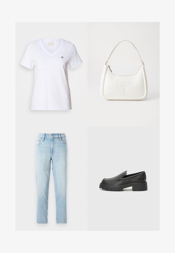 Schwarze Daunenjacke mit Kapuze, die ein gestepptes Design, einen Frontreißverschluss und ein Logo auf der linken Brust aufweist. Glattes, isoliertes Material.; Weißes kurzärmeliges V-Ausschnitt-T-Shirt aus Baumwolle mit kleinem schwarzem "CK"-Logo auf der linken Brustseite. Glatte Textur und klassisches Design.; Hellblaue Jeans aus Denim, mit geradem Bein, mittelhoher Taille, fünf Taschen und einem Knopfverschluss vorne.; Schwarze Lederloafer mit einer abgerundeten Spitze, dicker strukturierten Laufsohle und minimalen Nähten. Schlankes Design ohne sichtbare Schnürsenkel oder Beschläge.; Weiße Lederhandtasche mit abgerundeter Form, ausgestattet mit einem geprägten "CK"-Logo auf der Vorderseite und einem Einzel-Schultergurt. Reißverschluss oben.