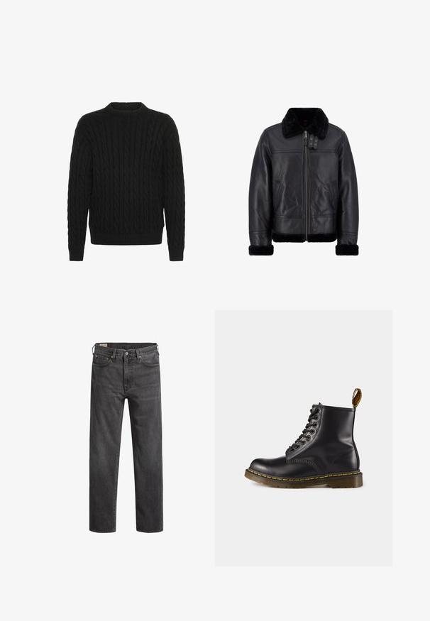 Czarna skórzana kurtka z miękkim, czarnym futerkiem na kołnierzu i mankietach. Posiada zamek błyskawiczny z przodu, przednie kieszenie oraz usztywnioną konstrukcję.; Solid MALCOLM czarny; Ciemnoszare dżinsy o prostym kroju, pięć kieszeni i miedziane nity. Klasyczny design z lekko wyblakłą teksturą.; Czarne skórzane botki sięgające do kostki z żółtym przeszyciem, wiązane z przodu, o okrągłym nosku i teksturowanej gumowej podeszwie. Posiadają pętelkę z tyłu.
