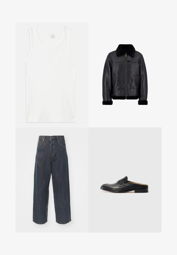 Chaqueta de cuero negra con un suave cuello y puños de piel sintética negra. Presenta un cierre frontal, bolsillos delanteros y un diseño estructurado.; Top sin mangas de algodón blanco con cuello redondo. Textura suave y corte recto, sin patrones ni adornos.; Vaqueros de mezclilla oscuros de pierna ancha con una sutil textura desgastada, cinco bolsillos y un cierre clásico de botón y cremallera en la cintura.; Zapato negro de piel sin cordones, con punta redondeada, tacón bajo y correa frontal. Textura suave con un sutil detalle del logotipo en la correa.