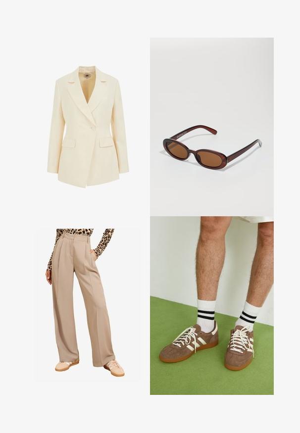 Beige maßgeschneiderter Blazer mit Reverskragen, Ein-Knopf-Verschluss und zwei Fronttaschen. Glatte Textur mit strukturierter Silhouette.; Schwarzes, geripptes Tanktop mit rundem Ausschnitt, ärmellosem Design und figurnaher Passform. Verfügt über ein Etikett mit Größenangabe innen.; Langärmliges Oberteil aus cremefarbener Stoff, mit leichter Raffung an den Seiten und klassischem Kragen. Sanfte Textur, schlichtes Design.; Beige weite Hose, gefaltete Front, hohe Taille, seitliche Taschen, kombiniert mit hellen Sneakers. Der Stoff wirkt glatt und strukturiert.; Braune Wildleder-Sneaker mit weißen Akzenten und Schnürsenkeln. Gummisohle in Kautschuk-Optik. Getragen mit weißen Socken, die schwarze Streifen haben. Grüner strukturierter Fußboden.; Runde, braun getönte Sonnenbrillen mit einem glänzenden burgunderfarbenen Rahmen. Schlanke Bügel mit dezentem Branding. Flaches Linsendesign.; Braune Lederhandtasche mit rechteckiger Form, einem abnehmbaren Trageriemen und silbernen Hardware-Details. Verfügt über zwei Anhänger, die am Griff befestigt sind.
