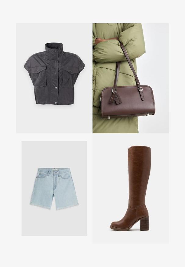 Blazer entallado color beige con cuello de solapa, cierre de un solo botón y dos bolsillos frontales. Textura suave con una silueta estructurada.; Chaqueta corta gris con cuello alto, mangas cortas, cierre de botones y dos bolsillos en el pecho. Confeccionada en un tejido arrugado y texturizado.; Pantalones cortos de mezclilla azul claro con un diseño de pierna recta, dobladillo deshilachado, cinco bolsillos y cierre de botón en la cintura.; Botas marrones hasta la rodilla, hechas de suave cuero sintético, con puntera redondeada, tacón cuadrado con estrías verticales, y un diseño minimalista.; Bolso de cuero marrón con forma rectangular, una correa desmontable y detalles en plateado. Presenta dos etiquetas anexas al asa.