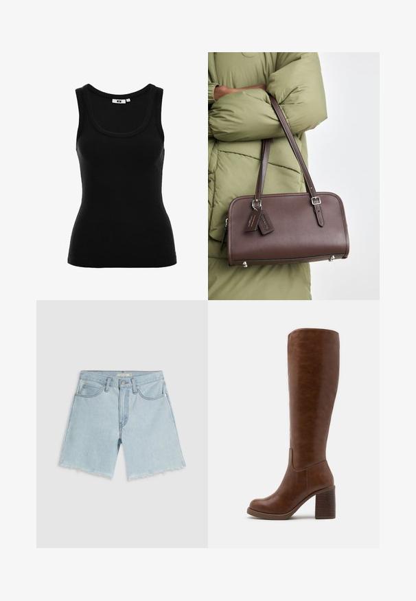 Beeži kohandatud bleiser, millel on krae, ühekohaline nööp sulgemine ja kaks esipocketit. Sile tekstuur ja struktureeritud siluett.; Mustmustriibuline tank top, millel on sügav kaelus, ilma varrukateta disain ja keha lähedane sobivus. Sises on suuruse etikett.; Hele sinised teksapüksid, millel on narmendavad ääred, neli taskut ja tõmblukk; iseloomustab õrn pleekimine ja hõbedase tooniga riistvara.; Pruunid põlvekõrgused saapad, mis on valmistatud siledast kunstnahast, ümarate varvastega, plokknõelaga, millel on vertikaalsed sooned ning minimalistlik disain.; Pruun nahast käekott, millel on ristkülikukujuline kuju, eemaldatav rihm ja hõbedased detailid. Koti küljes on kaks sildi, mis on kinnitatud käepideme külge.