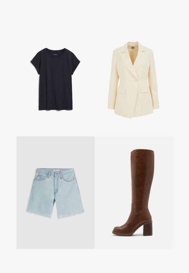 Beige op maat gemaakte blazer met een reverskraag, enkele knoopsluiting en twee voorzakken. Soepele textuur met gestructureerd silhouet.; Navyblauwe katoenen T-shirt met een ronde halslijn, korte opgerolde mouwen en een klein, subtiel logo op de borst. Zachte textuur, losse pasvorm.; Lichtblauwe denimshorts met een rafelige zoom, vier zakken en een gulp met rits; heeft subtiele vervaging en zilverkleurige details.; Bruine kniehoge laarzen van glad faux leer, met een ronde neus, blokhak met verticale groeven en een minimalistisch ontwerp.