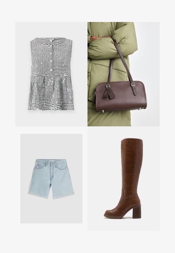 Beige kauluspuku, jossa on läpällinen kaulus, yksittäinen nappisulku ja kaksi etutaskua. Sileä rakenne ja määritelty siluetti.; Toppi ilman hihoja musta-valkoisella ruudullisella kuviolla, jossa on nappikiinnitys ja peplum-helma. Materiaalissa on teksturointi ja kiiltäviä paljetteja.; Musta ribattu toppi, jossa on kaarroke kaula-aukko, hihaton muotoilu ja vartalonmyötäinen leikkaus. Sisällä on koko-etiketti.; Vaaleansiniset farkkushortsit, joissa on suora lahje, revitty helma, viisi taskua ja nappikiinnitys vyötäröllä.; Ruske poluvisoke čizme od glatke veštačke kože, sa zaobljenim nosom, blok-petom sa vertikalnim žlebovima i minimalističkim dizajnom.; Ruskea nahkalaukku, jossa on suorakulmainen muoto, irrotettava hihna ja hopeiset metalliosat. Laukussa on kaksi tagia kiinnitettynä kahvaan.