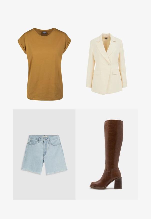 Beige tailored blazer featuring a lapel collar, single button closure, and two front pockets. Smooth texture with structured silhouette.; Mustard yellow short-sleeve T-shirt with a crew neckline, made from soft cotton fabric, featuring rolled cuffs and a relaxed fit.; Light blue denim shorts with a frayed hem, four pockets, and a zip fly; features subtle fading and silver-tone hardware.; Brown knee-high boots made of smooth faux leather, featuring a rounded toe, block heel with vertical grooves, and a minimalist design.