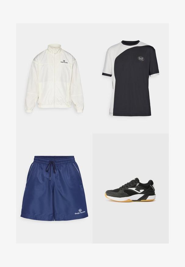 Balta lengva zip-up striukė su elastinėmis rankogaliais ir apatine dalimi, aukšta apykakle ir juodu Sergio Tacchini logotipu kairėje krūtinės pusėje.; Trumpas rankovės marškinėliai, pasižymintys dviejų spalvų juodai baltu dizainu, su lygiu paviršiumi ir EA7 logotipu priekyje.; Tamsiai mėlynos sportinės šortai su elastiniu juosmeniu, virvute, šoninėmis kišenėmis ir baltu kraštu. Apatinėje kairėje pusėje yra logotipas.; Juodas sportinis batai su tinkleliu ir sintetinėmis medžiagomis; turi baltus akcentus, suffliotą padas ir suapvalintą nosį.