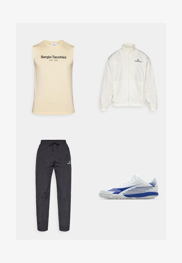 Hvit lettvekts zip-up jakke med elastiske mansjetter og hem, høy krage og svart Sergio Tacchini-logo på venstre bryst.; Ermeløs lys gul tanktop laget av myk stoff, med svart tekst "Sergio Tacchini EST. 1966" over brystet.; Svart, lette, vannavstøtende joggebukser med elastisk midje og justerbar snor. Har tapered ben og logo-detalj.; Hvit treningssko med blå detaljer, strukturert mesh-overdel, buet design og gummisåle med grep mønstre. Snøring for sikker passform.