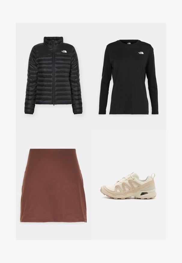 Chaqueta puff negra con cuello alzado, cierre frontal con cremallera y diseño acolchado. Presenta un logo en el lado izquierdo del pecho y puños elásticos.; Camiseta de manga larga negra de algodón con cuello redondo. Presenta un pequeño logotipo blanco en la parte izquierda del pecho. Diseño y ajuste simples.; Minifalda marrón hecha de una tela suave con un diseño ajustado y dobladillo recto. Sin hardware visible ni patrones.; Zapatilla deportiva beige y crema con parte superior de malla texturizada, superposiciones de soporte y suela de goma con un patrón de tracción.