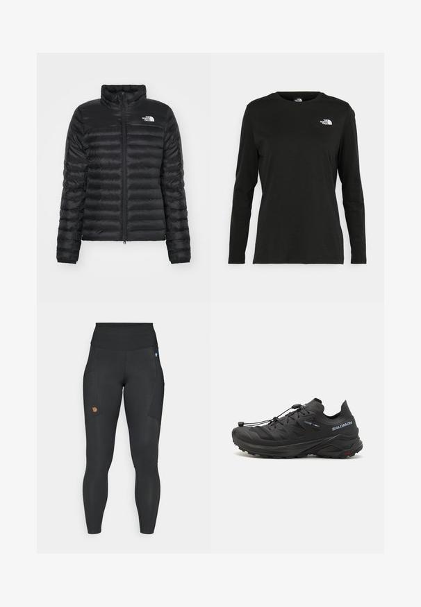 Zwarte pufferjack met een opstaande kraag, ritssluiting aan de voorkant en een gevoerd ontwerp. Bevat een logo op de linkerkant van de borst en elastische manchetten.; Zwart langsluiting T-shirt van katoen met een ronde hals. Heeft een klein wit logo op de linkerkant van de borst. Eenvoudig ontwerp en pasvorm.; Zwarte leggings van rekbaar materiaal met een hoge tailleband, zijzakken en een klein bruin logo op de linker bovenbeen.; Zwarte trailschoen voor hardlopen met een gestructureerde bovenkant, meshpanelen en een veilig bevestigingssysteem. Beschikt over een robuuste buitenzool voor grip.