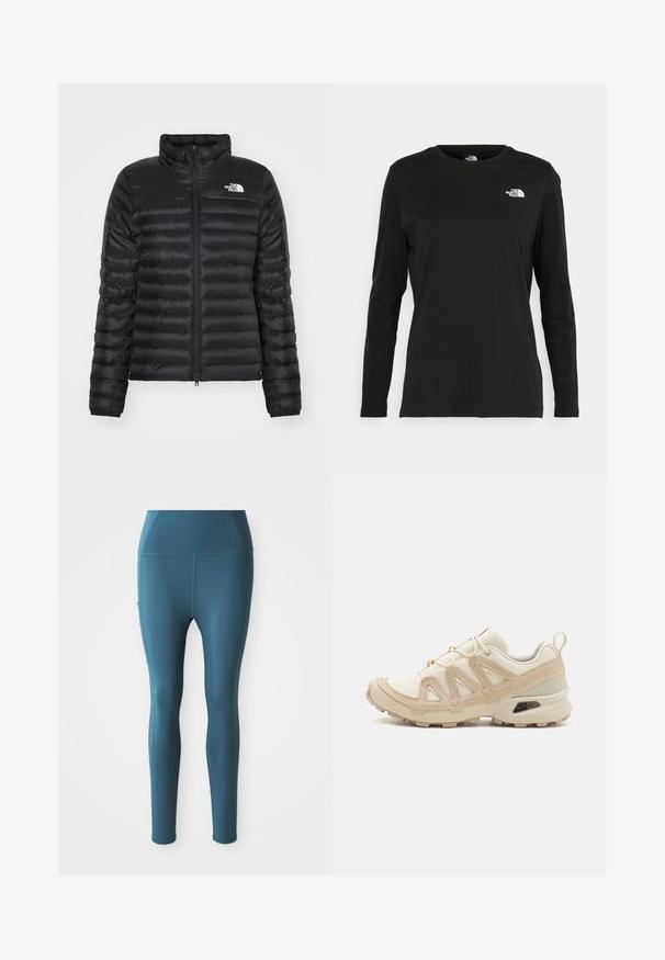 Giacca a vento nera con colletto rialzato, zip frontale e design trapuntato. Presenta un logo sul petto sinistro e polsini elasticizzati.; T-shirt nera a maniche lunghe in cotone con colletto rotondo. Presenta un piccolo logo bianco sul lato sinistro del petto. Design semplice e vestibilità comoda.; Leggings elastici turchesi con una texture liscia, vita alta, tasche laterali e senza cuciture visibili, progettati per l'abbigliamento sportivo.; Scarpa atletica beige e crema con tomaia in mesh testurizzato, sovrapposizioni supportive e suola in gomma con un motivo a tasselli per la trazione.