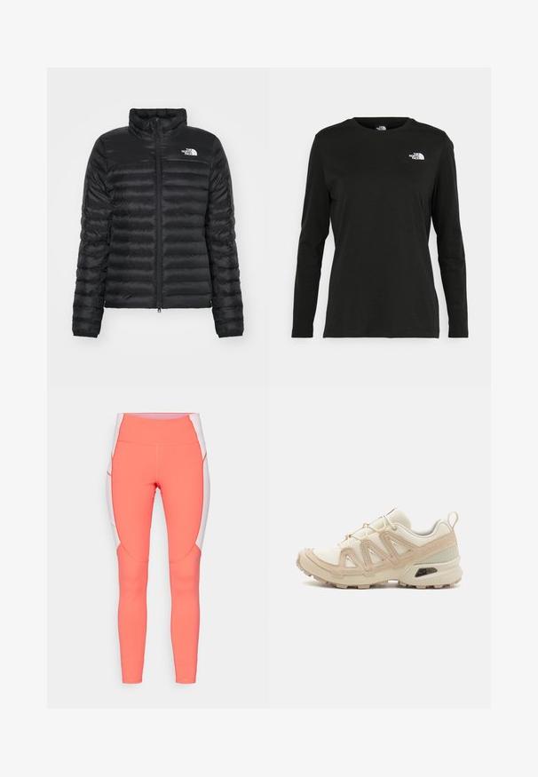 Zwarte pufferjack met een opstaande kraag, ritssluiting aan de voorkant en een gevoerd ontwerp. Bevat een logo op de linkerkant van de borst en elastische manchetten.; Zwart langsluiting T-shirt van katoen met een ronde hals. Heeft een klein wit logo op de linkerkant van de borst. Eenvoudig ontwerp en pasvorm.; Koraalgekleurde sportleggings met een hoge taille, voorzien van witte zijpanelen en gebogen naden. Glad textuur met contrasterende stikseldetails.; Beige en crème sportschoen met een textuur-mesh bovenwerk, ondersteunende overlays en een rubberen zool met een profielpatroon voor grip.
