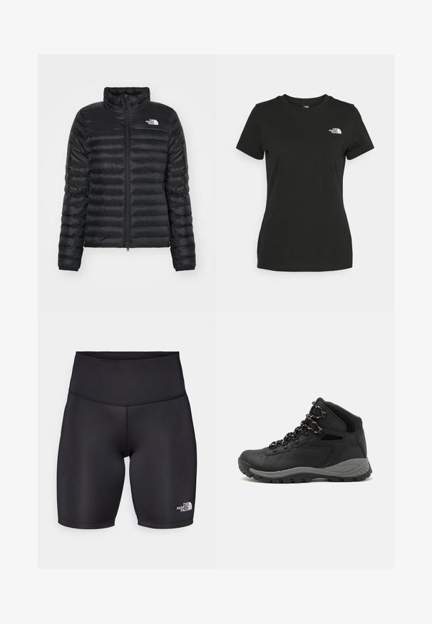 Giacca a vento nera con colletto rialzato, zip frontale e design trapuntato. Presenta un logo sul petto sinistro e polsini elasticizzati.; T-shirt in cotone nero con collo a giro e maniche corte. Logo bianco ben visibile sulla parte superiore sinistra. Tessuto liscio, vestibilità casual.; Pantaloni sportivi neri realizzati in tessuto elasticizzato, con una vita alta e il logo The North Face in bianco sulla parte inferiore della gamba destra.; Stivale da trekking nero con design a metà altezza, dotato di una tomaia texturizzata, accenti grigi e suola in gomma resistente con tasselli per la trazione.