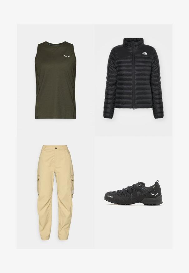 Giacca a vento nera con colletto rialzato, zip frontale e design trapuntato. Presenta un logo sul petto sinistro e polsini elasticizzati.; Top senza maniche di colore verde scuro con scollatura rotonda, realizzato in tessuto leggero. Presenta un piccolo logo bianco sul petto e dettagli nelle cuciture laterali.; The North Face EXPLORATION CARGO PANTS - Pantaloni outdoor - khaki stone; Scarpe da trekking nere con tomaia in tessuto testurizzato, sistema di allacciatura e suola in gomma robusta. Accentuate da dettagli riflettenti e loghi.