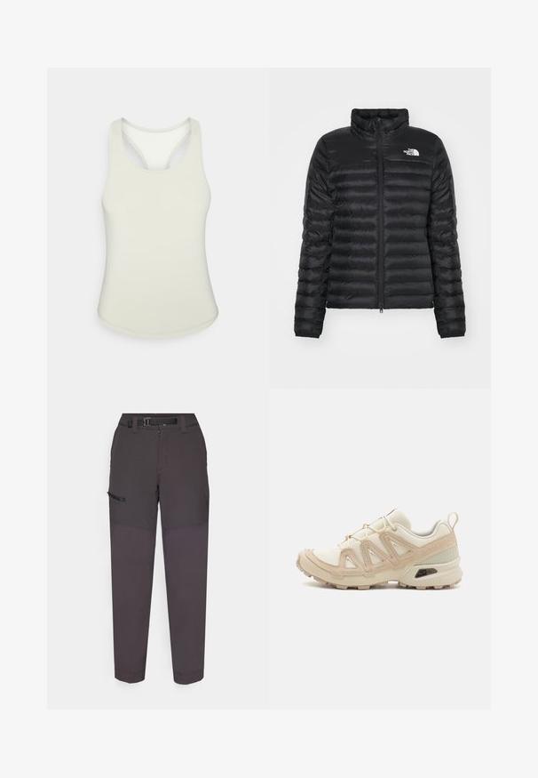 Jachetă puffer neagră cu guler înalt, fermoar frontal și un design matlasat. Prezintă un logo pe pieptul stâng și manșete elastice.; Top sportiv de culoare verde deschis, cu guler rotund și design tip racerback. Fabricat dintr-un material elastic și neted. Fără modele sau accente vizibile.; Pantaloni cargo gri închis, dintr-un material ușor, având o talie durabilă, fermoar frontal și un buzunar lateral cu clapă Velcro.; Pantofii sport bej și crem au un superior din plasă texturată, suprapuneri de susținere și o talpă din cauciuc cu un model de profil pentru aderență.