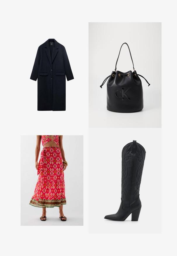 Cappotto di lana navy con colletto a punta, due tasche frontali, chiusura a un bottone e silhouette dritta. Tessuto strutturato con finitura liscia.; Maglione a maniche lunghe con scollo rotondo, in maglia, di colore bordeaux scuro, con polsini e orlo a coste, esposto su uno sfondo bianco.; Gonna maxi a fiori in rosa, con orlo arricciato e dettagli verdi. Realizzata in tessuto leggero con un nastro legato.; Zign Stivali texani / biker - black; Borsa a secchiello in pelle nera con chiusura a cordoncino, caratterizzata da un logo "CK" lucido sulla parte anteriore e dettagli in hardware dorato.