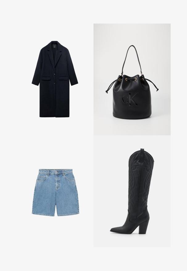 Cabană din lână bleumarin cu guler înclinat, două buzunare frontale, închidere cu un singur nasture și siluetă dreaptă. Material texturat cu finisaj neted.; Pulover tricotat cu mânecă lungă și guler rotund, de culoare burgundă închisă, cu manșete și tiv cu nervuri, prezentat pe un fundal alb.; Shorts din denim de culoare albastru deschis, cu talie înaltă, patru buzunare și cusături vizibile. Fabricate dintr-un material denim texturat.; Zign Cizme cowboy/biker - black; Geantă bucket din piele neagră, cu închidere cu șnur, având un logo lucios "CK" pe față și accente din metal auriu.