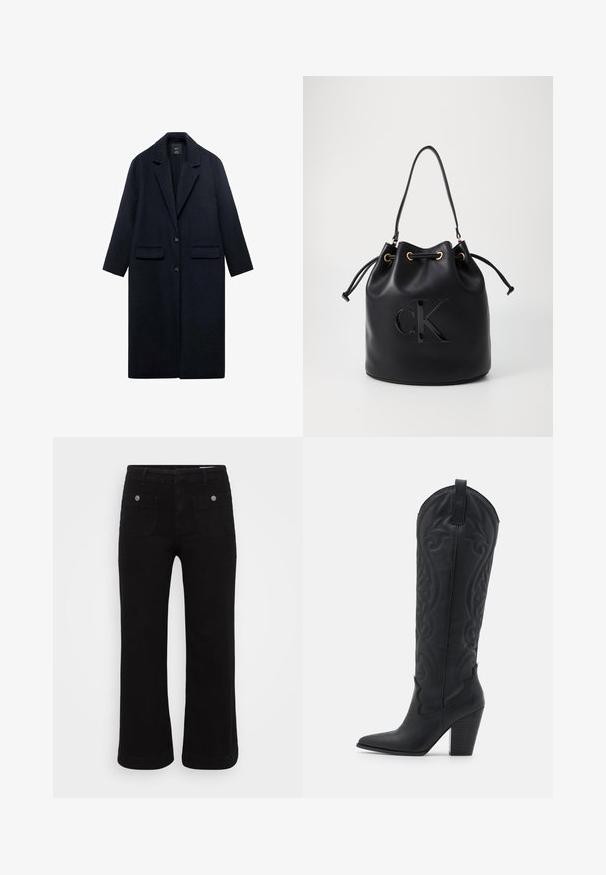Marinblå ullrock med snibbkrage, två framfickor, enknappsstängning och rak siluett. Strukturerat tyg med slät yta.; Långärmad stickad tröja med rund hals i mörk burgundy med ribbade ärmslut och nederkant, uppvisad mot en vit bakgrund.; Svarta denimbyxor med rak benring, fem fickor och detaljer i silver. Slät textur och hållbart tyg.; Zign Cowboy- / Bikerboots - black; Svart läder bucket bag med dragsko-stängning, prydd med en glänsande "CK"-logotyp på framsidan och detaljer i guld-ton.