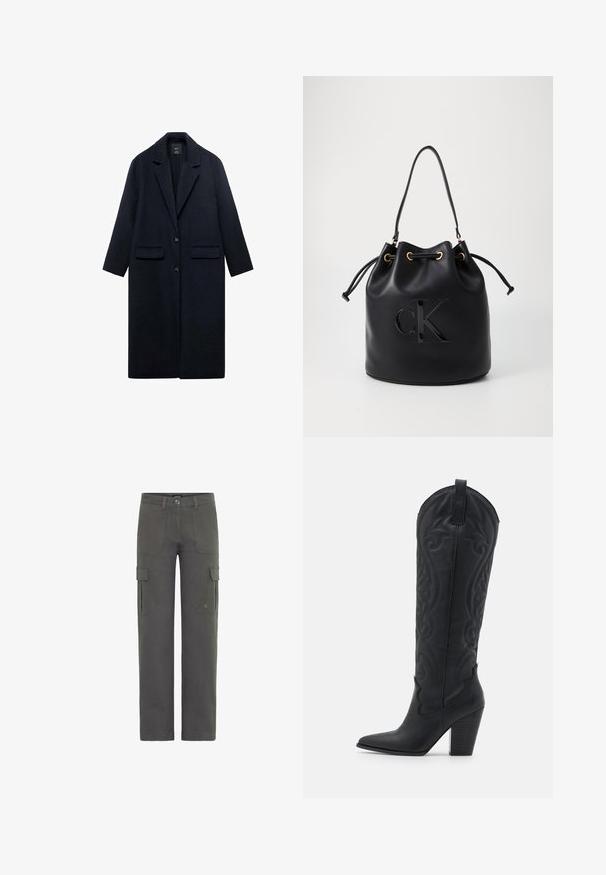 Merenneito villakangas takki, jossa on lovettu kaulus, kaksi etutaskua, nappikiinnitys ja suora siluetti. Teksturoitu kangas, jossa on sileä pinta.; Tikkupaita pitkällä hihalla, pyöreällä kaula-aukolla ja tumman burgundin värillä, jossa ribbikudottu hihojen ja helman reunus, esitelty valkoista taustaa vasten.; Tummanharmaat puuvillahousut, joissa on suora leikkaus. Mukana on kaksi sivutaskua ja nappikiinnitys. Kestävä kangas, jossa on hieman rakennetta.; Zign Biker-/cowboysaappaat - black; Musta nahkainen ämpärilaukku, jossa on kiristysnauha, etuosassa kiiltävä "CK"-logo ja kultasävytetyt yksityiskohdat.