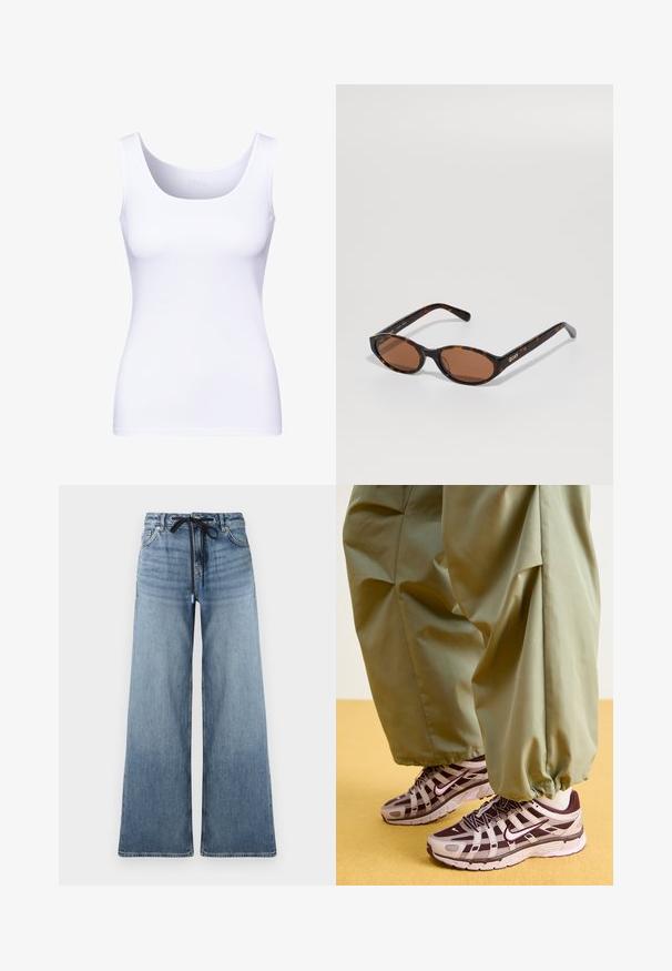 Marineblauwe wollen jas met een geknipte kraag, twee voorzakken, een enkele knoopsluiting en een rechte silhout. Gelaagd stof met een gladde afwerking.; Lichtgrijze, geribbelde pullovertrui met een hoge kraag en een rits tot de helft van de hals. Het heeft lange mouwen en een getailleerd ontwerp.; Witte tanktop met een ronde halslijn en dikke bandjes. Gemaakt van een soepele, rekbare stof, met een getailleerde pasvorm.; Lichtblauwe denim jeans met wijde benen en een vervaagde structuur. Voorzien van een verstelbare tailleband met een zwarte trekkoord en traditionele zakken.; Atletische sneakers met een grijs en donkerpaars ontwerp, voorzien van een bovenwerk van mesh, ondersteunende banden en een rubberen zool, gecombineerd met losse groene broek.; Schildpad ovale zonnebril met bruine lenzen, gekanteld om het "QUAY" logo op de rechter poot tegen een effen achtergrond te laten zien.