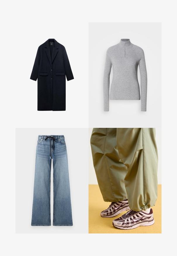 Granatowy wełniany płaszcz z wykładanym kołnierzem, dwiema przednimi kieszeniami, zapięciem na pojedynczy guzik i prostym krojem. Teksturowana tkanina o gładkim wykończeniu.; Jasnoszary, prążkowany sweter z wysokim kołnierzem i półzamkiem przy szyi. Posiada długie rękawy oraz dopasowany krój.; Szerokie dżinsy w jasnoniebieskim kolorze z wyblakłą teksturą. Posiadają regulowany pasek w talii z czarnym sznurkiem i tradycyjne kieszenie.; Sportowe sneakersy w szarym i ciemnopurpurowym kolorze, z siateczkową cholewką, wspierającymi paskami i gumową podeszwą, zestawione z luźnymi zielonymi spodniami.