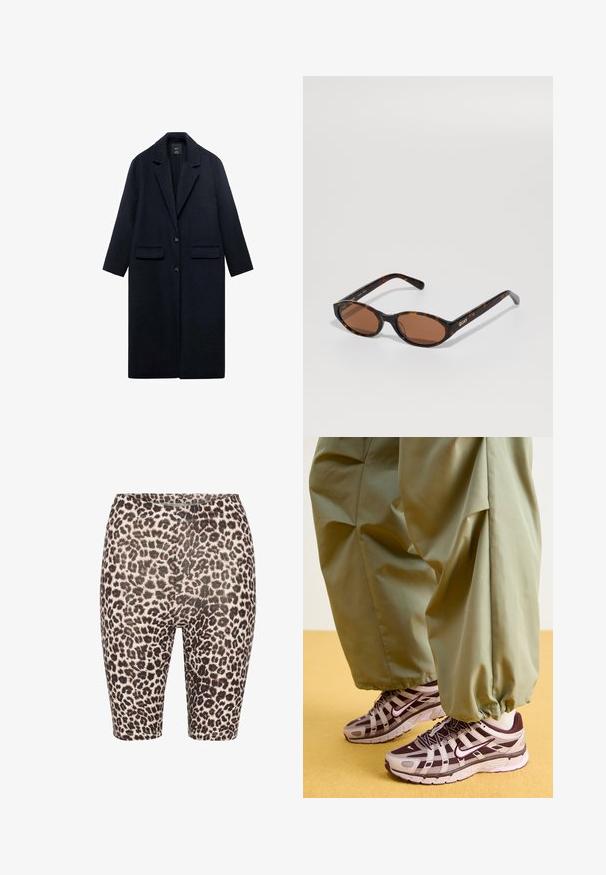 Marinblå ullrock med snibbkrage, två framfickor, enknappsstängning och rak siluett. Strukturerat tyg med slät yta.; Ljust grå, ribbad pullovertröja med hög krage och halvdragkedja vid halsen. Den har långa ärmar och en figurnära design.; Cykelbyxor med leopardmönster i svart och beige färgschema, elastisk midja och slät yta. Midjehöjd till mitten av låret med en åtsittande design.; Atletiska sneakers med grå och mörk lila design, med ett meshuppbyggt överdel, stödjande remmar och gummisula, i kombination med lösa gröna byxor.; Sköldpaddsmönstrade ovala solglasögon med bruna linser, vinklade för att visa "QUAY"-logotypen på den högra bågen mot en enkel bakgrund.; Svart läder bucket bag med dragsko-stängning, prydd med en glänsande "CK"-logotyp på framsidan och detaljer i guld-ton.