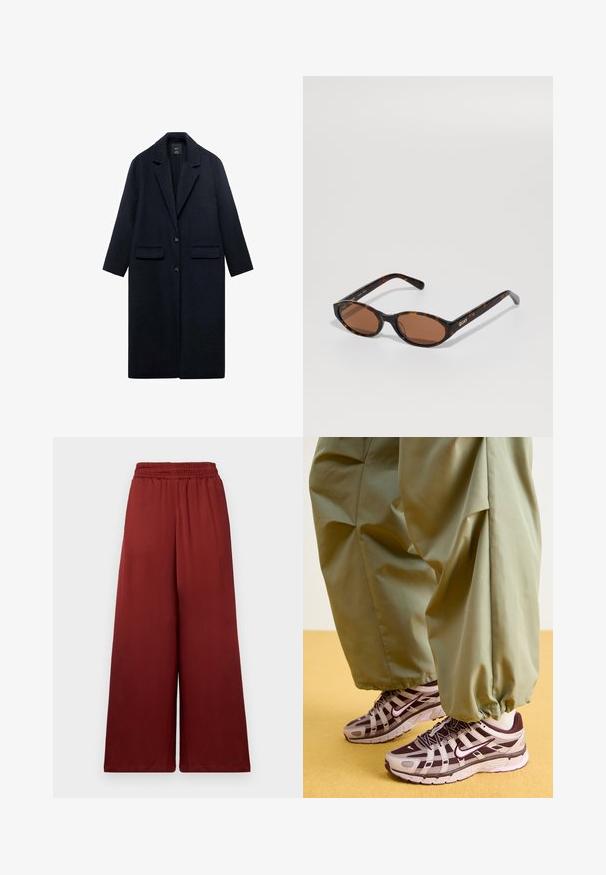 Námořnický vlněný kabát s klopovým límcem, dvěma předními kapsami, jednořadým zapínáním na knoflík a rovnými liniemi. Texturovaná látka s hladkým povrchem.; Světle šedý pulovr s žebrovaným vzorem, vysokým límcem a polovičním zipem u krku. Má dlouhé rukávy a přiléhavý střih.; Široké kalhoty vyrobené z hladké látky v hluboké burgundské barvě, s elastickým pasem pro pohodlí a plynulý vzhled.; Sportovní tenisky se šedým a tmavě fialovým designem, s prodyšným svrškem, podpůrnými pásky a gumovou podrážkou, kombinované s volnými zelenými kalhotami.; Skořicové oválné sluneční brýle s hnědými skly, nakloněné tak, aby bylo vidět logo "QUAY" na pravém ramenu na jednobodovém pozadí.
