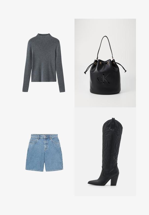 Marineblauwe wollen jas met een geknipte kraag, twee voorzakken, een enkele knoopsluiting en een rechte silhout. Gelaagd stof met een gladde afwerking.; Donkergrijze, langlopende gebreide trui met een hoge ronde hals en een recht afgeronde onderkant, weergegeven op een witte achtergrond.; Lichtblauwe denim shorts met een hoge taille, vier zakken en zichtbare stiksels. Gemaakt van gestructureerde denimstof.; Zign Cowboy-/Bikerlaarzen - black; Zwarte leren emmer tas met trekkoord sluiting, voorzien van een glanzend "CK" logo aan de voorkant en gouden hardware accenten.