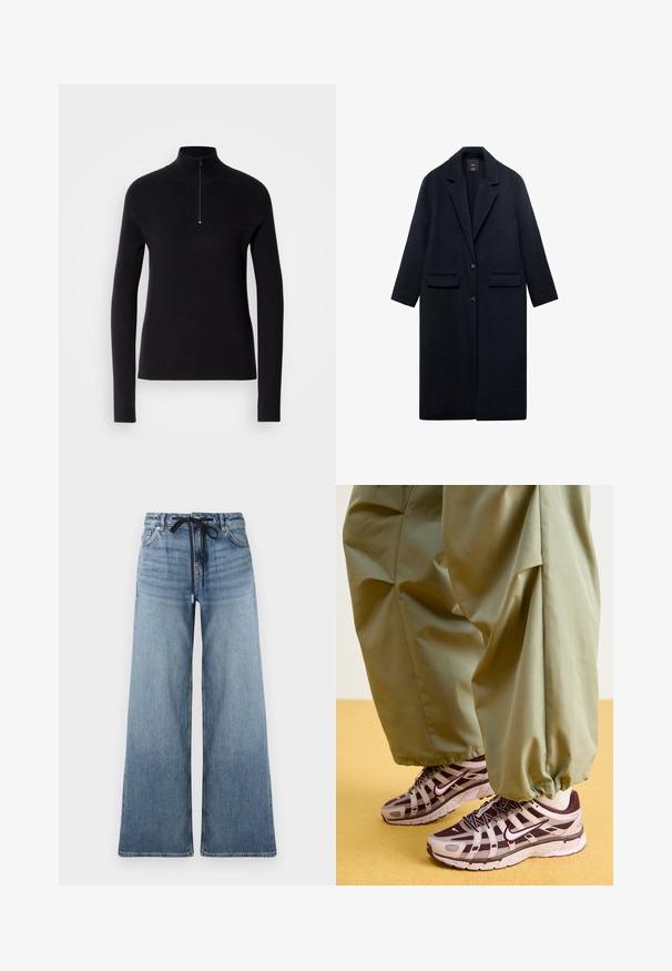 Marinefarbener Wollmantel mit Reverskragen, zwei frontalen Taschen, einer Knopfverschluss und geradem Schnitt. Strukturierter Stoff mit glatter Oberfläche.; Schwarzer gestrickter Pullover mit hohem Kragen und einem halben Reißverschluss, der eine gerippte Struktur und lange Ärmel aufweist. Einfaches und figurbetontes Design.; Weite Jeans aus Denim in Hellblau mit einer ausgewaschenen Textur. Verfügt über einen verstellbaren Taillenbund mit schwarzem Kordelzug und klassischen Taschen.; Sportliche Sneakers mit einem grauen und dunkelvioletten Design, ausgestattet mit einem Obermaterial aus Mesh, stützenden Riemen und einer Gummisohle, kombiniert mit lockeren grünen Hosen.