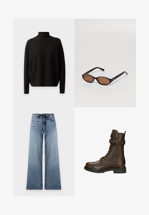 Granatowy wełniany płaszcz z wykładanym kołnierzem, dwiema przednimi kieszeniami, zapięciem na pojedynczy guzik i prostym krojem. Teksturowana tkanina o gładkim wykończeniu.; Czarny sweter z długim rękawem i golfem o luźnym kroju, zaprezentowany na jednolitym białym tle.; Szerokie dżinsy w jasnoniebieskim kolorze z wyblakłą teksturą. Posiadają regulowany pasek w talii z czarnym sznurkiem i tradycyjne kieszenie.; Brązowy skórzany botek za kostkę na sznurowanie z boczną klamrą, okrągłym noskiem, ruggedową podeszwą i detalami szycia, które dodają tekstury.; Okulary przeciwsłoneczne w kształcie owalu w kolorze tortoise z brązowymi soczewkami, ustawione pod kątem, aby pokazać logo "QUAY" na prawej świątyni na jednolitym tle.; Czarna skórzana torba typu bucket z zaciąganym zamknięciem, z błyszczącym logo "CK" z przodu i złotymi akcentami.