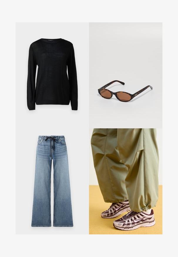 Cappotto di lana navy con colletto a punta, due tasche frontali, chiusura a un bottone e silhouette dritta. Tessuto strutturato con finitura liscia.; Maglione nero a maniche lunghe con scollo rotondo. Realizzato in un tessuto leggero e testurizzato. Design semplice e uniforme, senza pattern o dettagli.; Jeans in denim a gamba larga di colore blu chiaro con una texture sbiadita. Presentano una vita regolabile con un cordoncino nero e tasche tradizionali.; Scarpe da ginnastica sportive con un design grigio e viola scuro, dotate di una parte superiore in rete, cinghie di supporto e suola in gomma, abbinate a pantaloni verdi larghi.; Occhiali da sole ovali tartarugati con lenti marroni, inclinati per mostrare il logo "QUAY" sulla tempia destra su uno sfondo semplice.